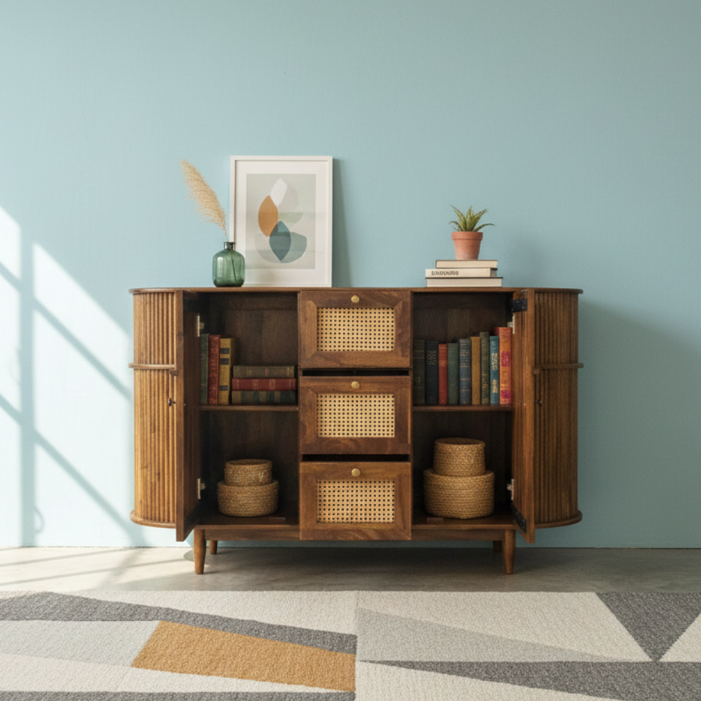 RIBBED Mango Solid Wood Cane Sideboard Cabinet