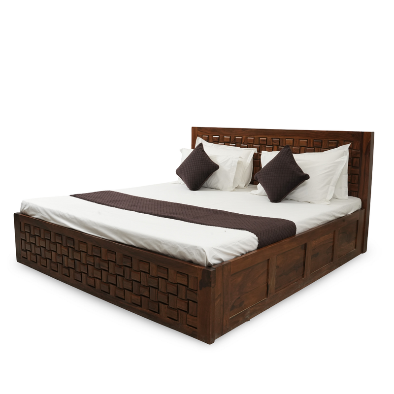 AUGHRIM Handcrafted Solid Sheesham Wood Bed with Geometric Panel Design