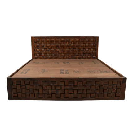 AUGHRIM Handcrafted Solid Sheesham Wood Bed with Geometric Panel Design