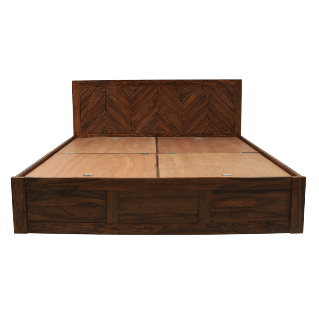 Chevron Solid Sheesham Wood Storage Bed Queen/ King