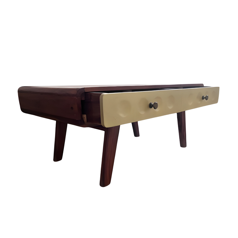 Suryavanshi Mid-Century Modern Coffee Table with 2 Drawers, Solid Sheesham Wooden, Cream Panels Coffee Table for Living Room