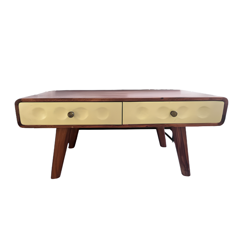 Suryavanshi Mid-Century Modern Coffee Table with 2 Drawers, Solid Sheesham Wooden, Cream Panels Coffee Table for Living Room
