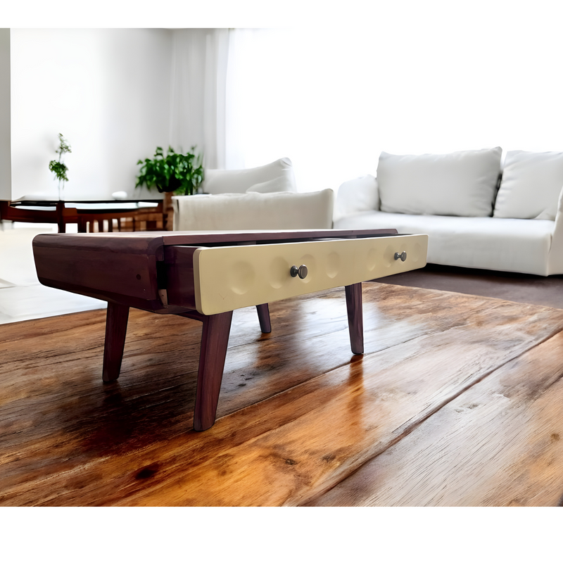 Suryavanshi Mid-Century Modern Coffee Table with 2 Drawers, Solid Sheesham Wooden, Cream Panels Coffee Table for Living Room