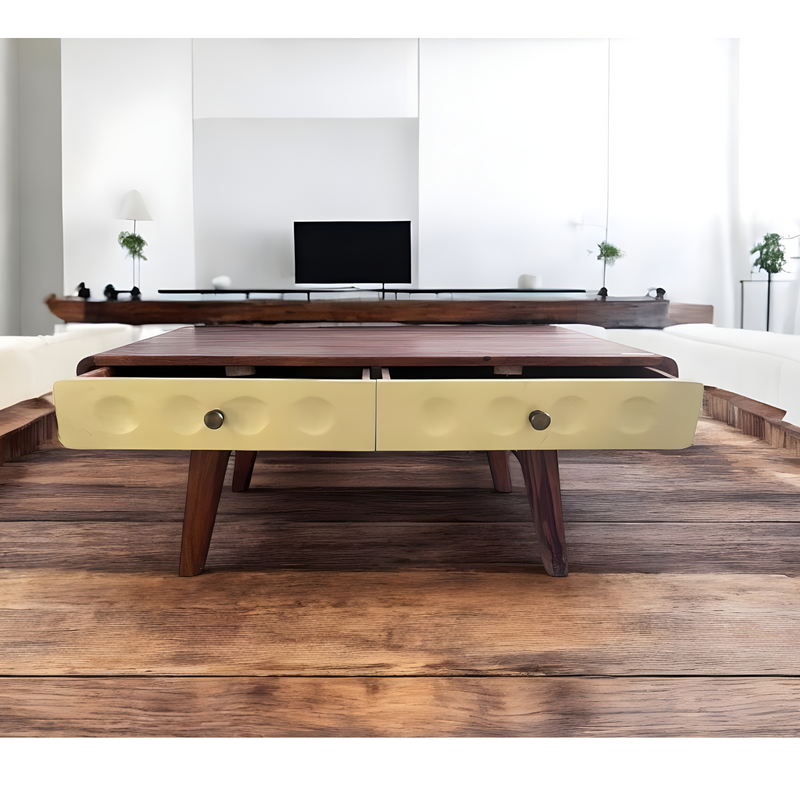 Suryavanshi Mid-Century Modern Coffee Table with 2 Drawers, Solid Sheesham Wooden, Cream Panels Coffee Table for Living Room