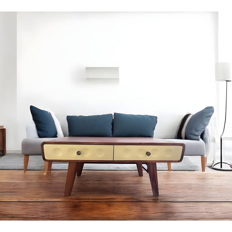 Suryavanshi Mid-Century Modern Coffee Table with 2 Drawers, Solid Sheesham Wooden, Cream Panels Coffee Table for Living Room