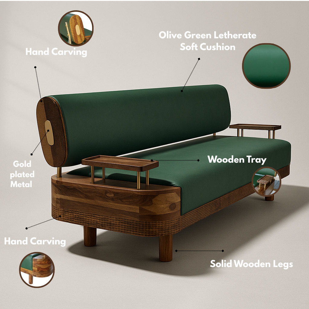 Verdant Luxe Mid-Century Sofa – Solid Sheesham Wood Frame with Olive Green Leather (Customized fabric available)