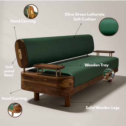 Suryavanshi Verdant Luxe Mid-Century Sofa – Solid Sheesham Wood Frame with Soft Sage Sea Green Upholstery (Customized fabric available)