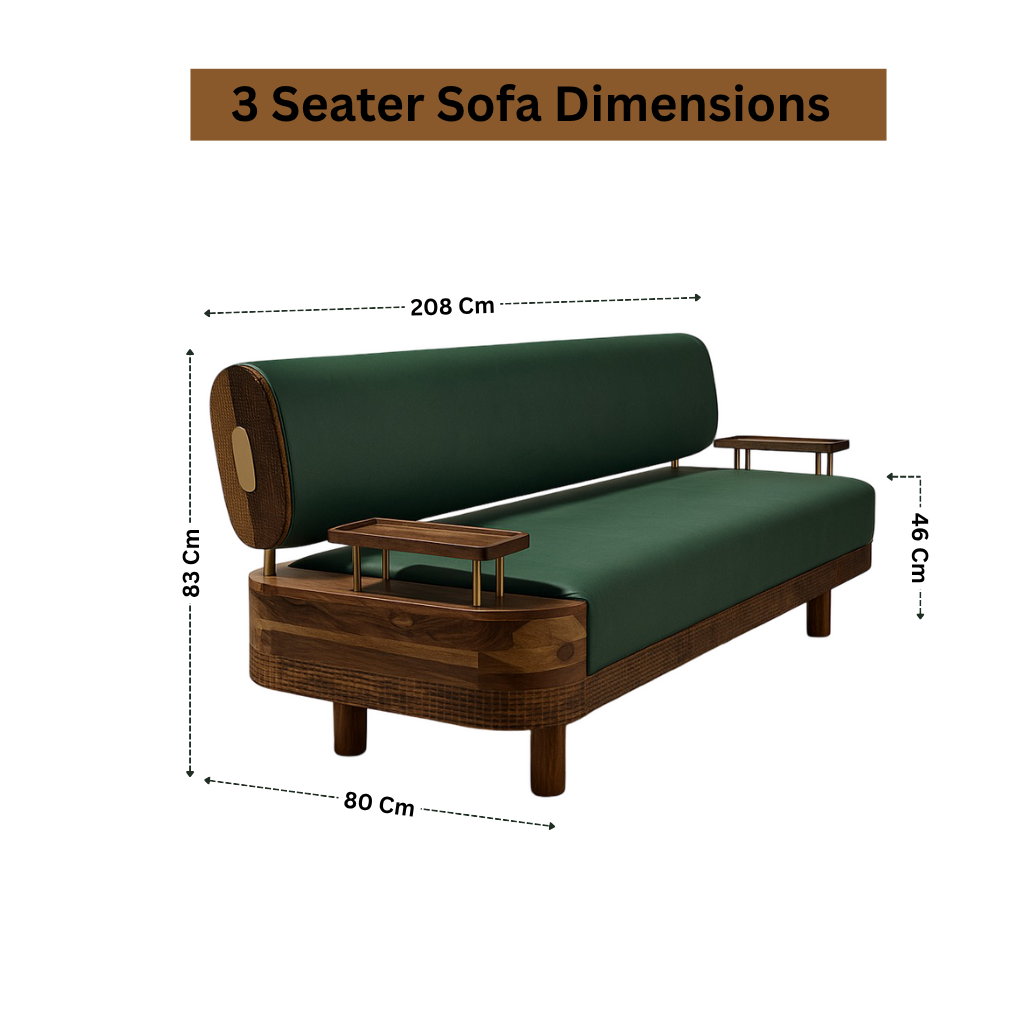 Verdant Luxe Mid-Century Sofa – Solid Sheesham Wood Frame with Olive Green Leather (Customized fabric available)