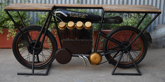 Vintage Industrial Bike Console Table with Solid Wood Top | Handcrafted Metal Bicycle Design Bar Table | Retro Café, Home Bar & Restaurant Furniture