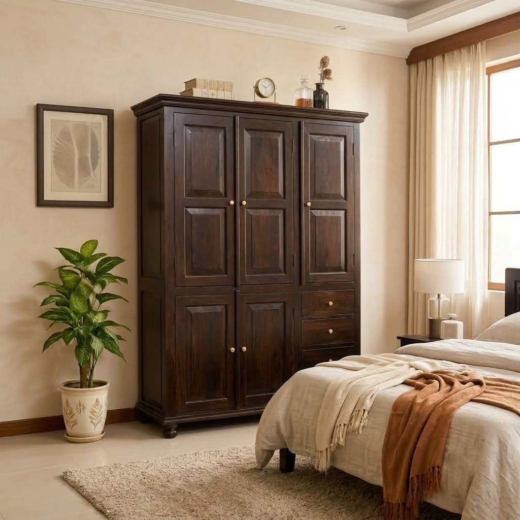 Sheesham  Wood 3-Door Wardrobe with Drawers – Classic Handcrafted Storage Cabinet