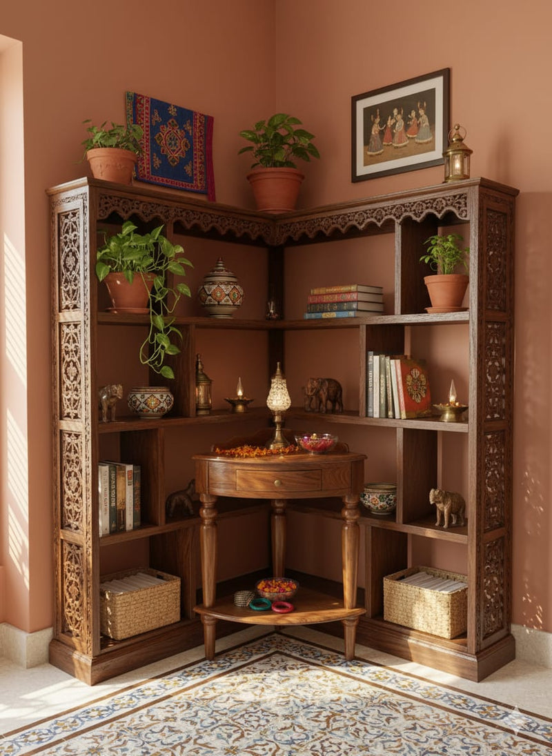 Suryavanshi Solid Sheesham Wood Corner Table with Drawer & Shelf – Honey Finish
