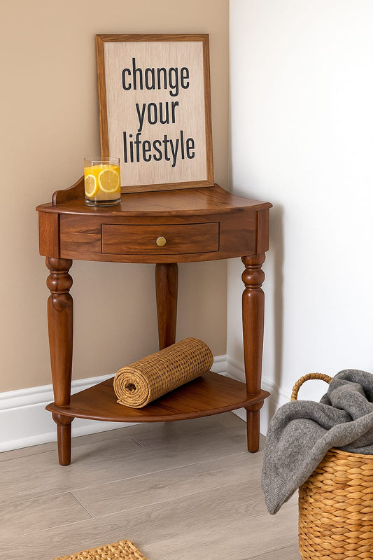 Suryavanshi Solid Sheesham Wood Corner Table with Drawer & Shelf – Honey Finish