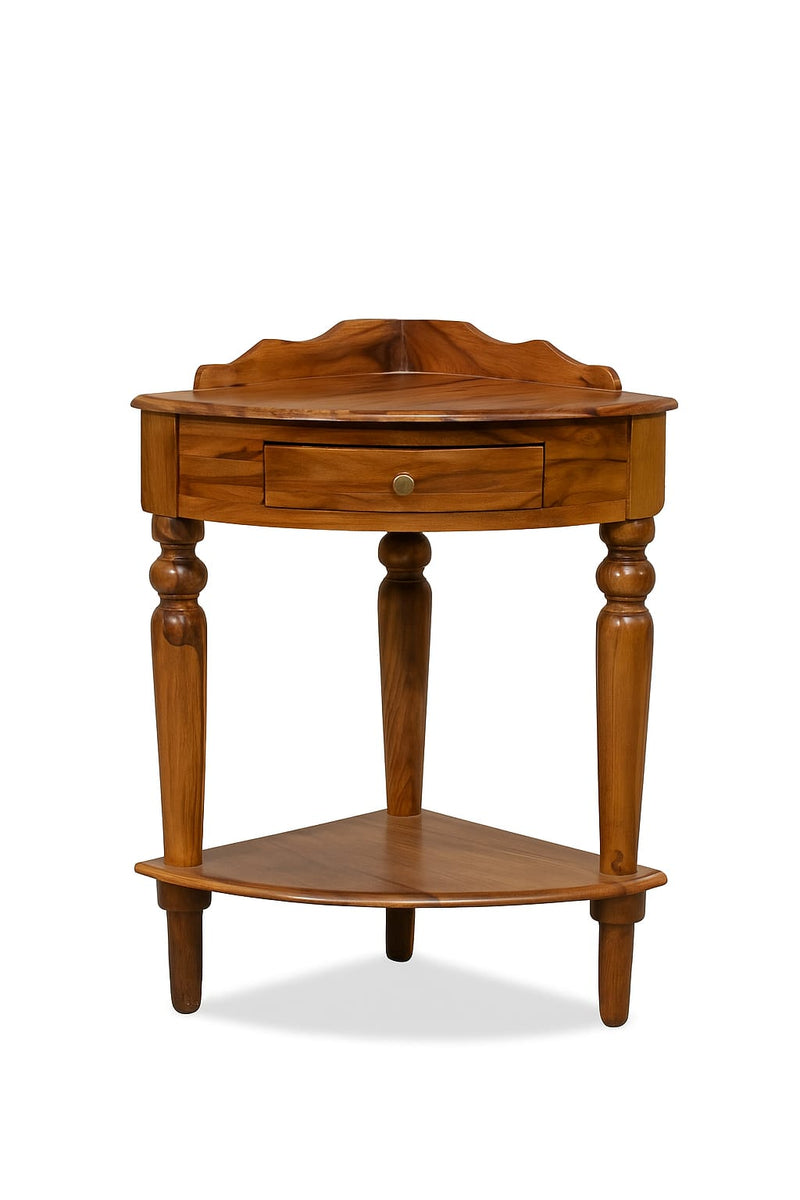 Suryavanshi Solid Sheesham Wood Corner Table with Drawer & Shelf – Honey Finish