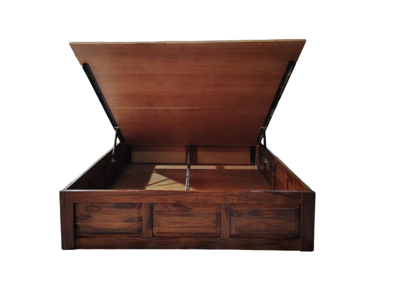 Verona Sheesham Wood Hydraulic Storage Bed with Rattan Cane & Upholstered Headboard