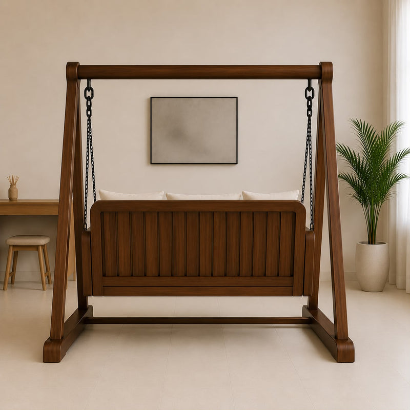 Vista Solid Wood Indoor Swing Sofa with Stand | Cushioned 3-Seater Hanging Swing