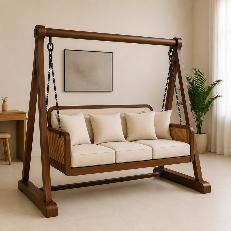 Vista Solid Wood Indoor Swing Sofa with Stand | Cushioned 3-Seater Hanging Swing