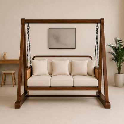 Vista Solid Wood Indoor Swing Sofa with Stand | Cushioned 3-Seater Hanging Swing