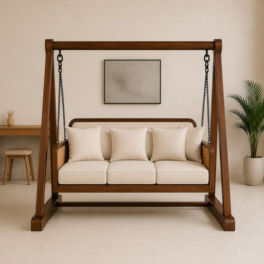 Vista Solid Wood Indoor Swing Sofa with Stand | Cushioned 3-Seater Hanging Swing