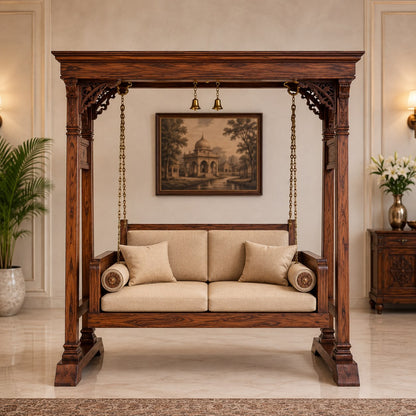 Ambar Solid Wood Temple Swing with Stand | Traditional Hand-Carved Wooden Jhula For Living Room