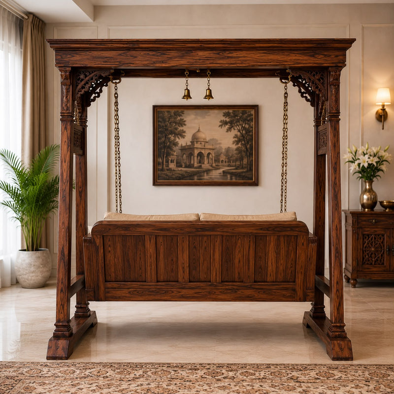 Ambar Solid Wood Temple Swing with Stand | Traditional Hand-Carved Wooden Jhula For Living Room