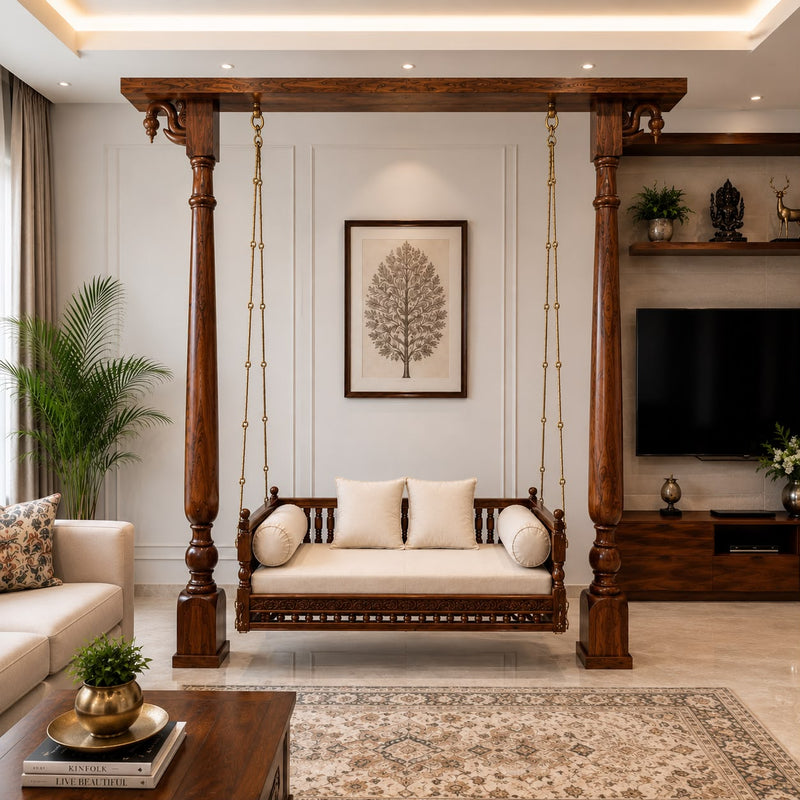 Royal Sheesham Wood Freestanding Swing with Ornate Pillar Frame & Premium Cushion Seating for Living Room, Balcony & Indoor Spaces