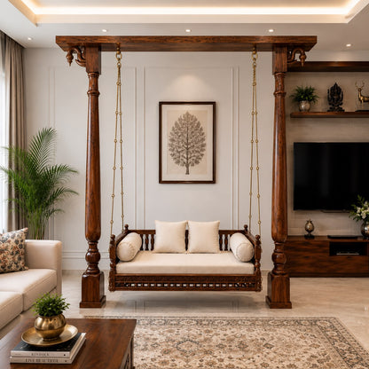 Royal Sheesham Wood Freestanding Swing with Ornate Pillar Frame & Premium Cushion Seating for Living Room, Balcony & Indoor Spaces