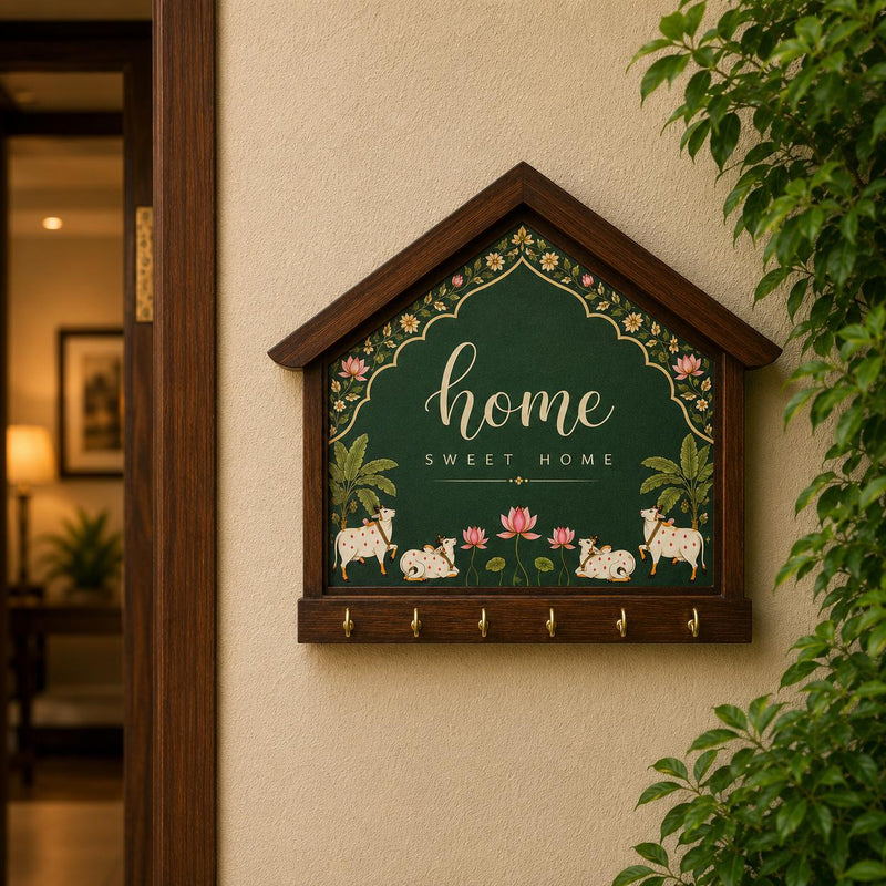 Solid Mango Wood this product is a wooden house-shaped key holder with decorative home signage, Name Plates & Key Holders.