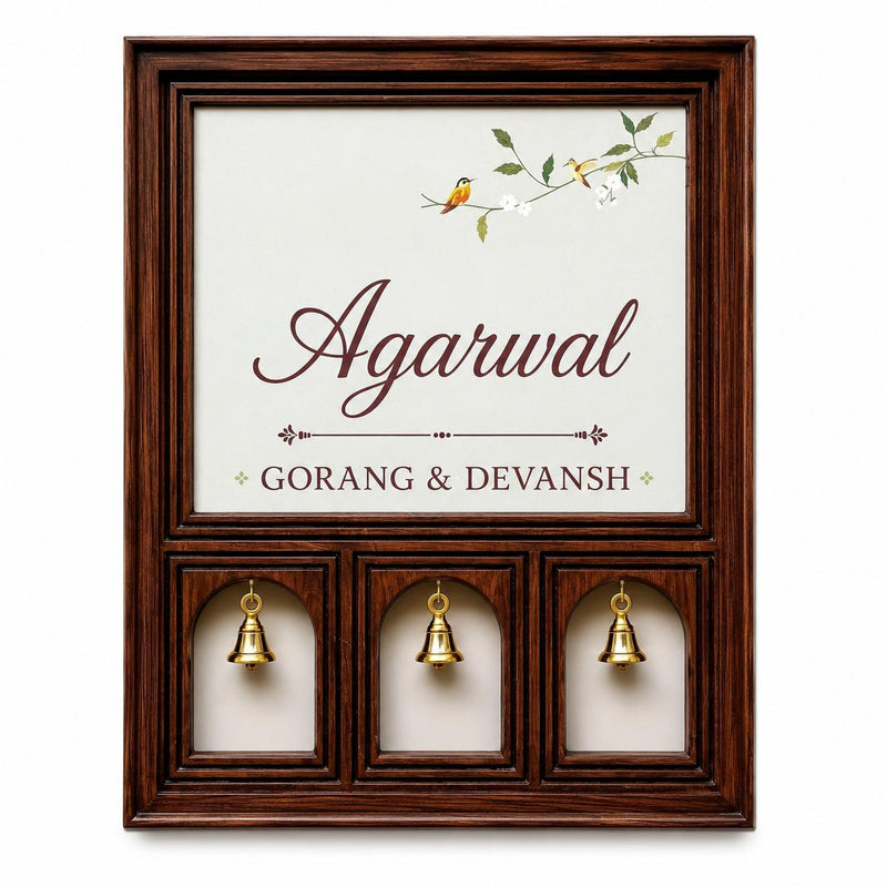 Wooden Family Name Plate with Brass Bells