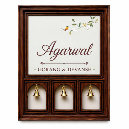 Wooden Family Name Plate with Brass Bells