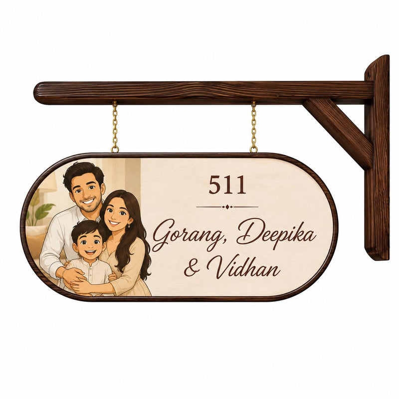 Wooden Home Name Plate with Hanging Brass Bells