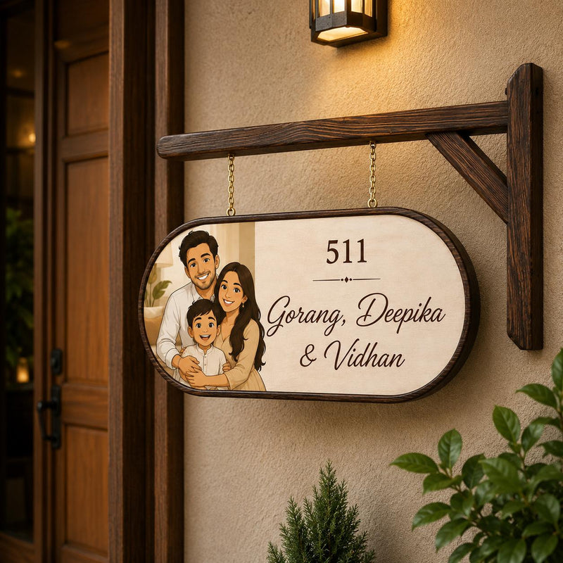 Wooden Home Name Plate with Hanging Brass Bells