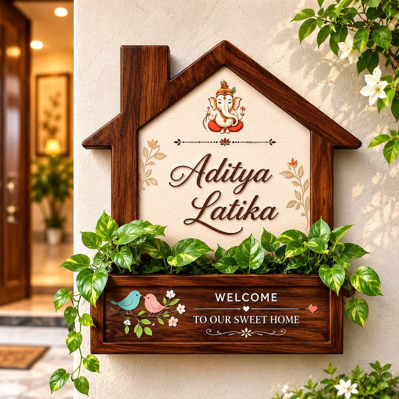 Wooden House Name Plate with Planter Box