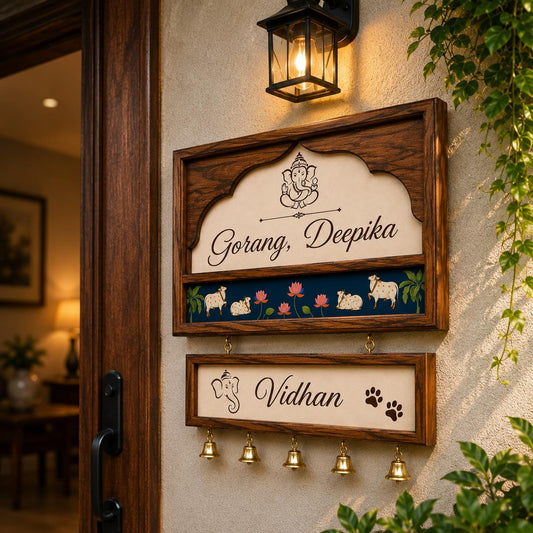 Wooden Home Name Plate with Hanging Brass Bells