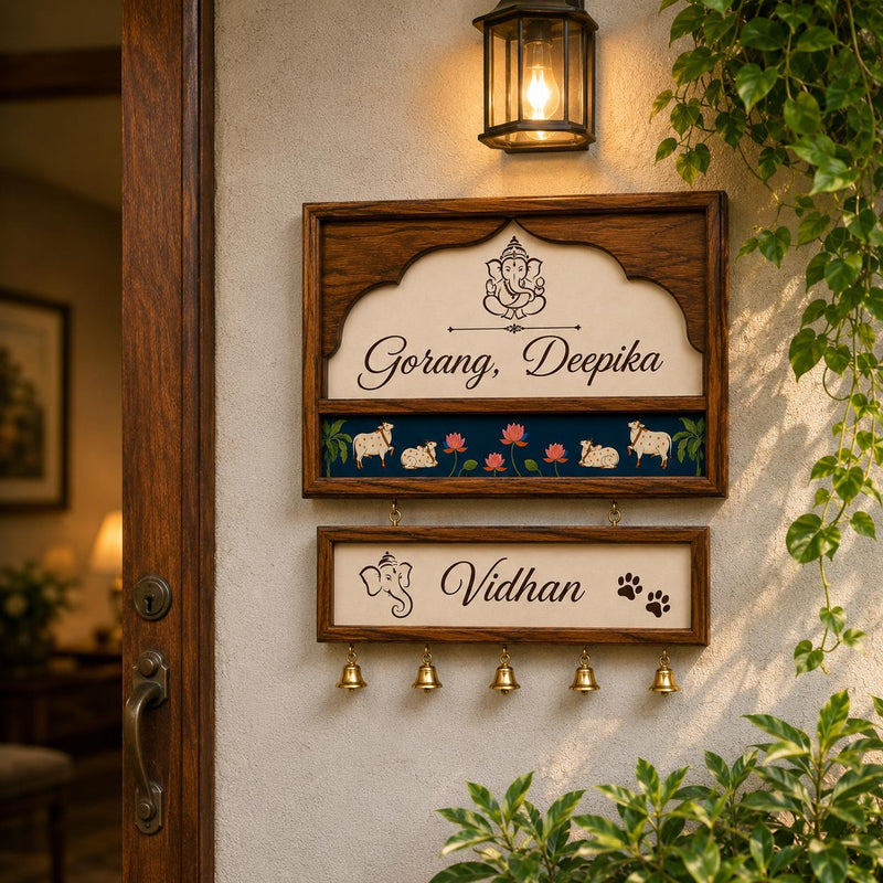 Wooden Home Name Plate with Hanging Brass Bells