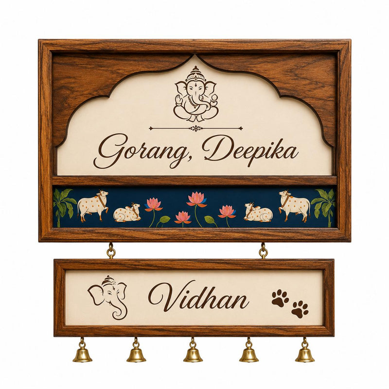 Wooden Home Name Plate with Hanging Brass Bells