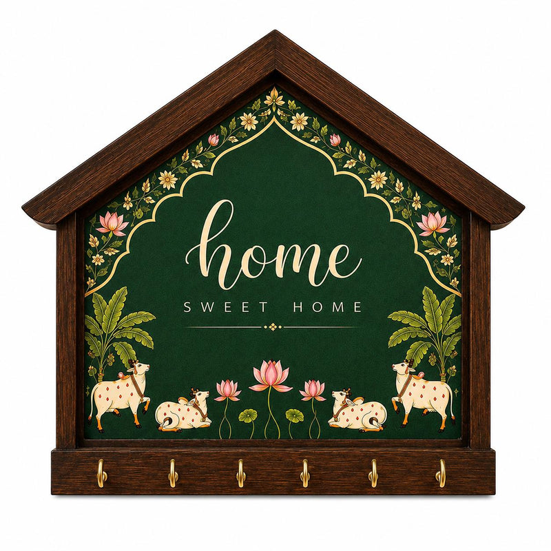 Solid Mango Wood this product is a wooden house-shaped key holder with decorative home signage, Name Plates & Key Holders.