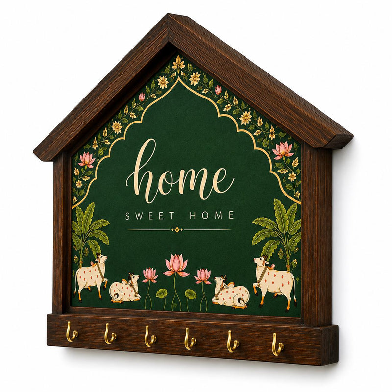 Solid Mango Wood this product is a wooden house-shaped key holder with decorative home signage, Name Plates & Key Holders.
