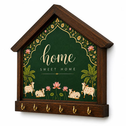 Solid Mango Wood this product is a wooden house-shaped key holder with decorative home signage, Name Plates & Key Holders.