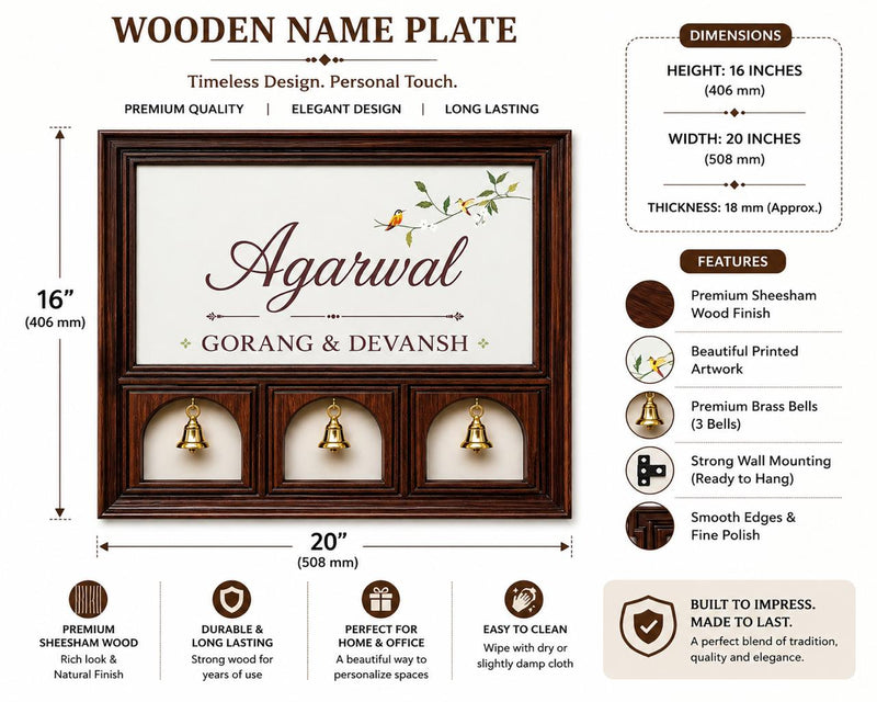 Wooden Family Name Plate with Brass Bells