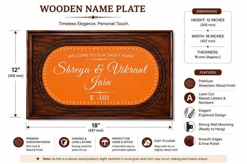 Solid Sheesham Wood Name Plate for Home Entrance, Custom Family Name Door Sign with House Number