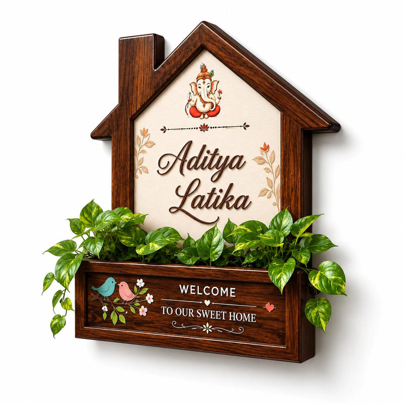 Wooden House Name Plate with Planter Box