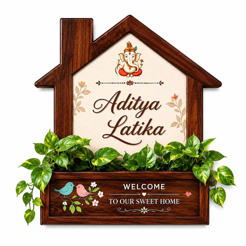 Wooden House Name Plate with Planter Box