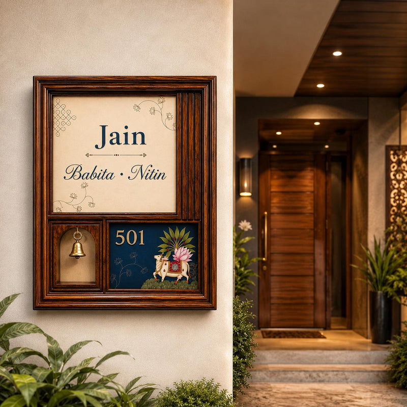 Wooden Home Name Plate with Brass Bell & House Number | Custom Family Name Sign for House Entrance