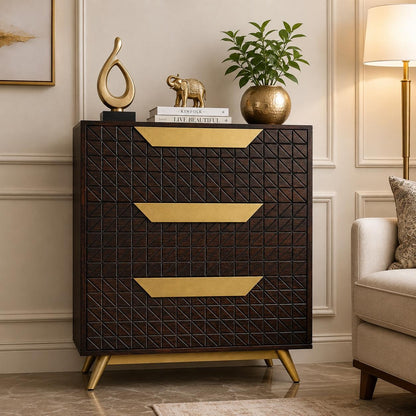 Suryavanshi  Mango Wood Chest of Drawers Cabinet with Gold Metal Handles & Legs