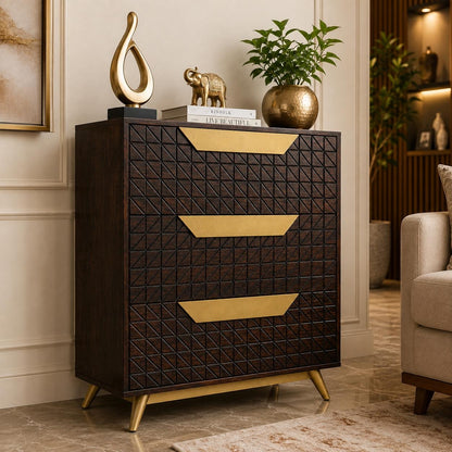 Suryavanshi  Mango Wood Chest of Drawers Cabinet with Gold Metal Handles & Legs