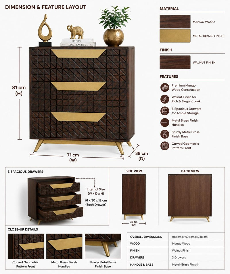 Suryavanshi  Mango Wood Chest of Drawers Cabinet with Gold Metal Handles & Legs