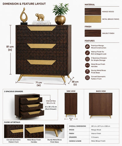 Suryavanshi  Mango Wood Chest of Drawers Cabinet with Gold Metal Handles & Legs