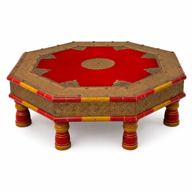Solid Wood Traditional Chowki for Pooja | Decorative Bajot with Handcrafted Embossed Brass Finish