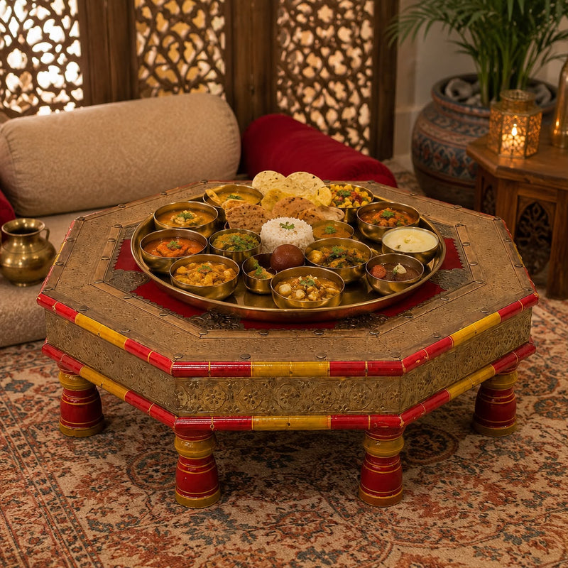 Solid Wood Traditional Chowki for Pooja | Decorative Bajot with Handcrafted Embossed Brass Finish
