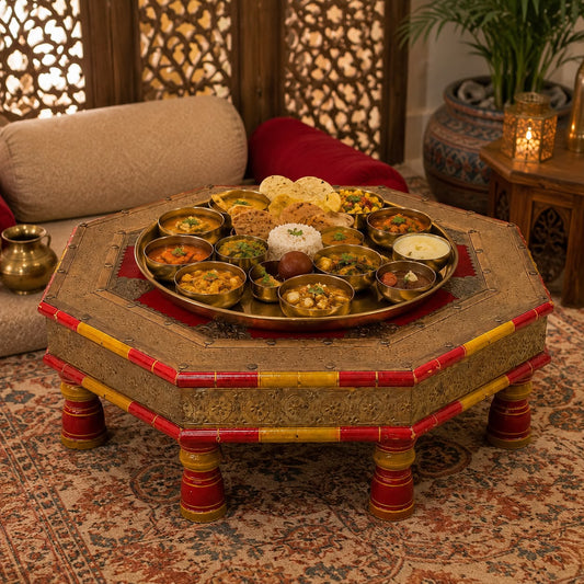 Solid Wood Traditional Chowki for Pooja | Decorative Bajot with Handcrafted Embossed Brass Finish